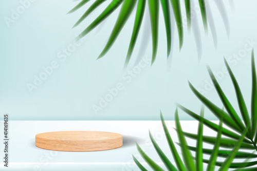 Wooden podium with palm leaves and shadows. Realistic wood platform for product presentation. Minimal nature scene with pedestal mockup. Vector 3d illustration of cosmetic display or award ceremony