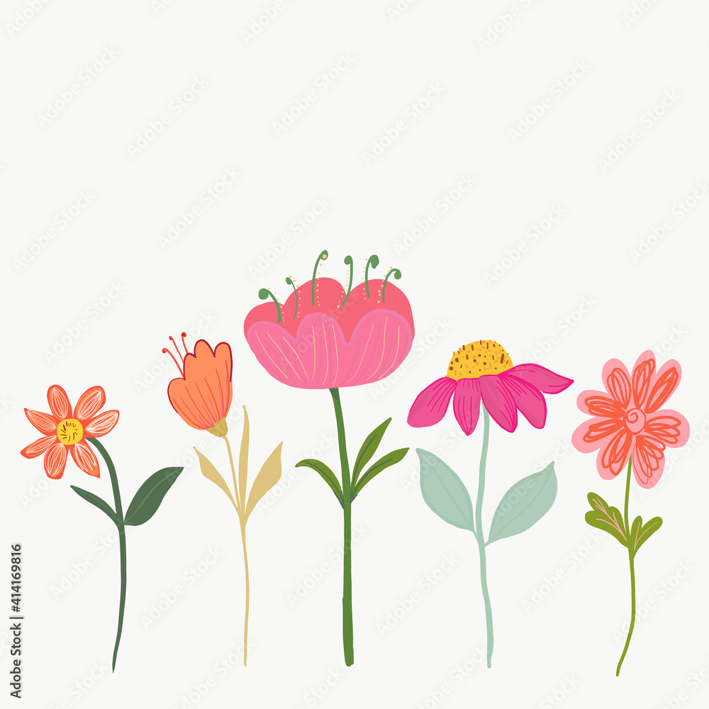 Spring time beautiful pink and orange flowers illustration blossom background. Spring summer time greeting card