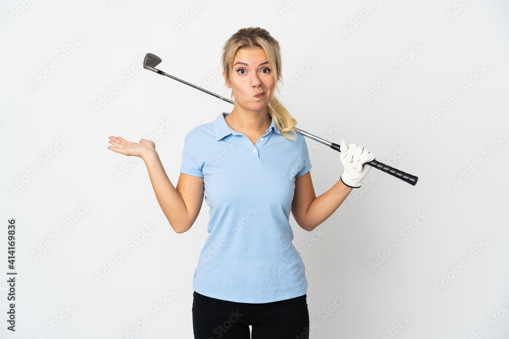 Young Russian golfer woman isolated on white background having doubts while raising hands Young Russian golfer woman isolated on white background having doubts while raising hands
