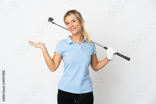 Young Russian golfer woman isolated on white background extending hands to the side for inviting to come