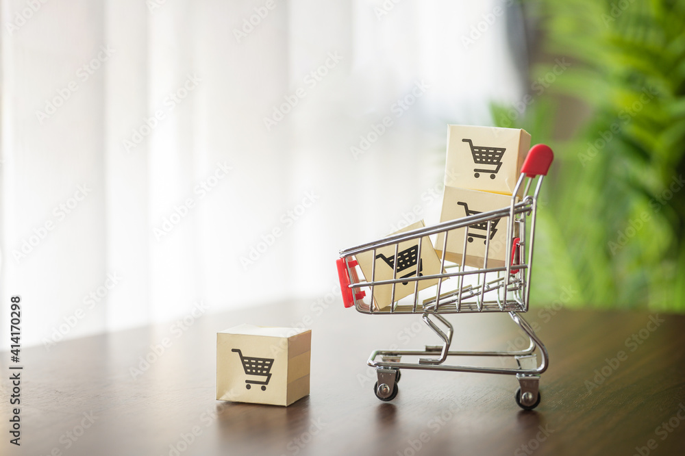 Papers with a shopping cart logo on a cart with a credit card .Shopping service on The online web and offers home delivery. Shopping online concept.