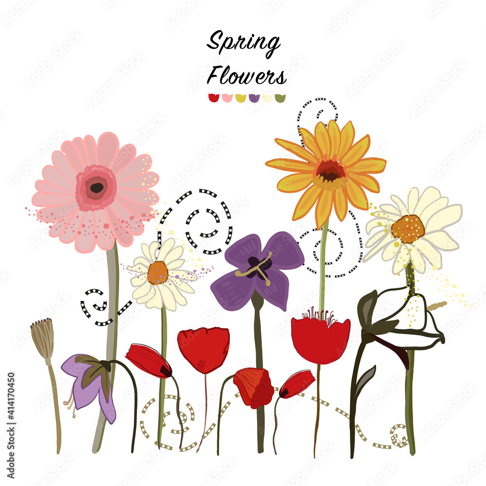 Spring time decorative flower illustration blossom background. Poppies, daisies. Spring summer time greeting card Spring time decorative flower illustration blossom background. Poppies, daisies. Spring summer time greeting card
