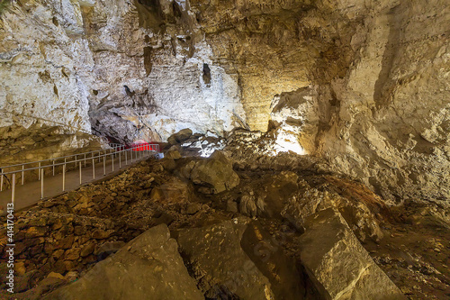 New Athos Cave. Abkhazia, underground caves of New Athos.   composition of stalactites, stalagmites background caves. Novoafonskaya, Novy Afon Cave, or New Afon Cavern is karst cave in Iveria Mountain photo