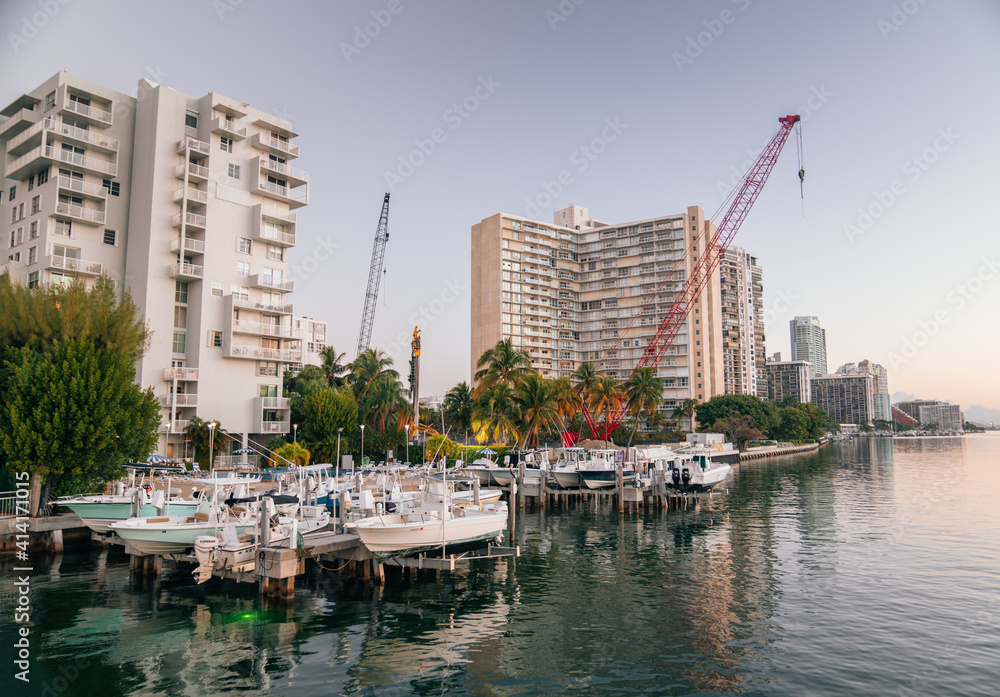 city marina miami buildings boats construction crane 