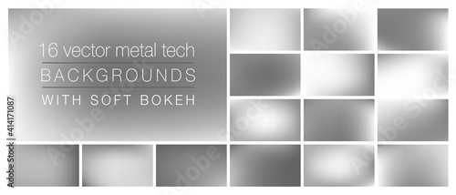 16 aluminium grey tech backgrounds with soft bokeh and smooth blurry colors. Ideal background templates for using as backdrop in social media, ads, emails, banners, web pages with pro look&feel.