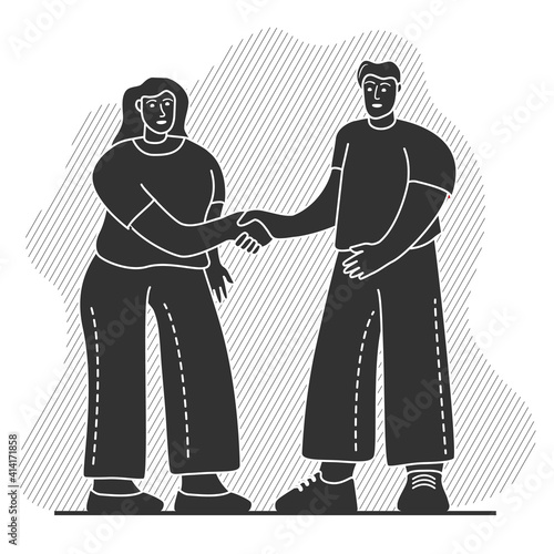 A man and woman shaking hands.Black silhouette friendship handshake acquaintance. Standing people meets.Isolated on white background.Outline vector flat.