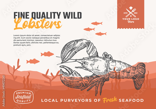 Fine Quality Organic Seafood. Abstract Vector Food Packaging Design or Label. Modern Typography and Hand Drawn Lobster and Fishes Silhouettes. Sea Bottom Landscape Background Layout with Banner