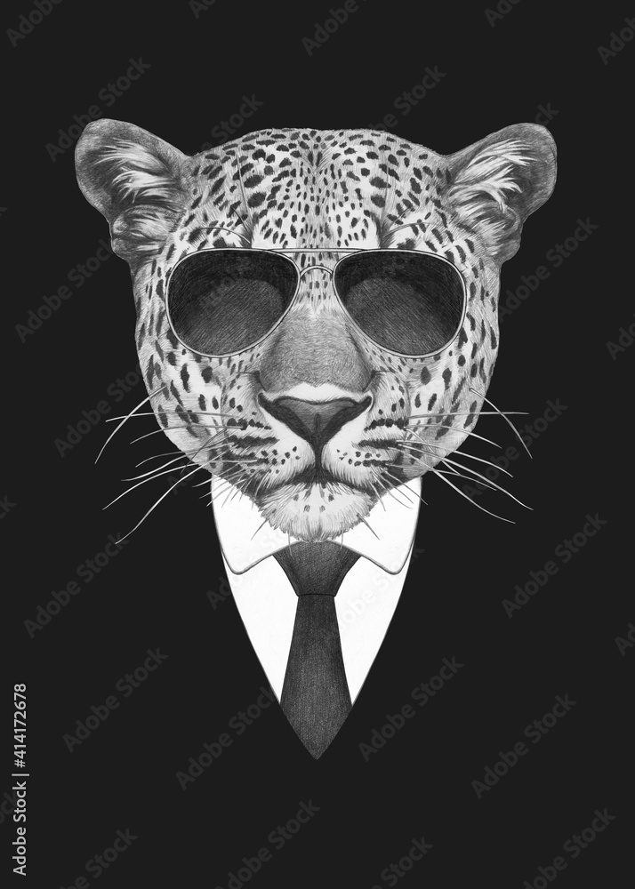 Portrait of Leopard in suit and sunglasses. Bodyguard. Hand-drawn illustration. Portrait of Leopard in suit and sunglasses. Bodyguard. Hand-drawn illustration.