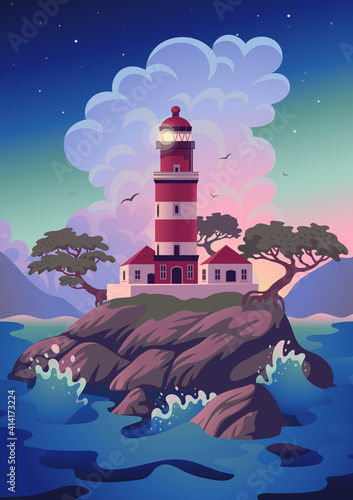 Lighthouse - vector landscape. Sea landscape with beacon on the cliff. Vector illustration in flat cartoon style