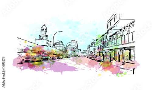 Building view with landmark of Halifax is the
city in Canada. Watercolour splash with hand drawn sketch illustration in vector.