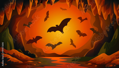 Cave with bats on sunset. Panoramic vector landscape with flying bats and red firelight. Vector illustration in flat cartoon style.