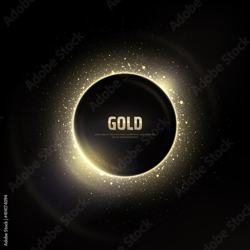 Gold circle of shiny particles on a black background. Shining gold frame, place for text. Celebration vector background. Festive round border, frame. Glow light effect on dark. Card party Invitation