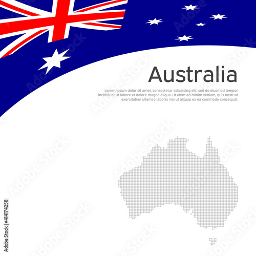 Australia flag, mosaic map on a white background. National poster design. Business booklet. State australian patriotic banner, flyer. Background with australia flag. Flat style. Vector illustration