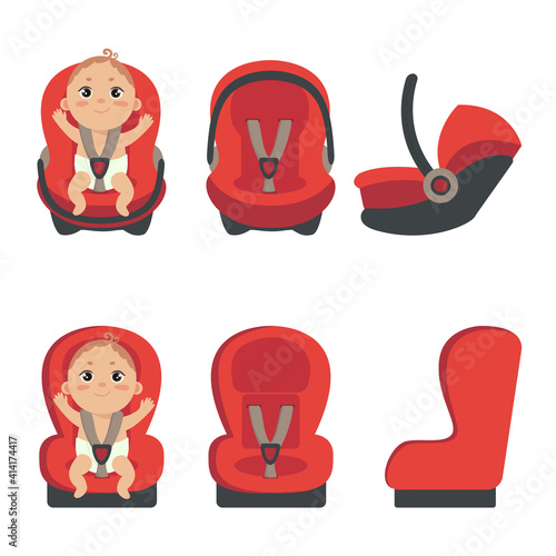 Baby boy sitting in automobile seat. Set of car chair for baby from different angles. Side and front view of carseat. Vector illustration on white background. 