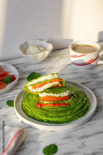 spinach pancakes with salmon, grilled bell pepper, cream cheese, pesto, mascarpone