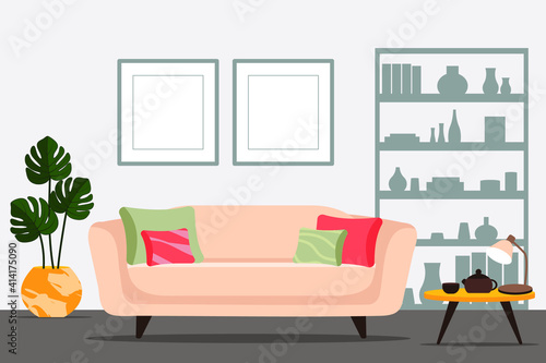 Stylish apartment interiors in Scandinavian style with modern decor. Cozy furnished living room. Cartoon flat vector illustration. Bright, stylish and comfortable furniture with indoor plants. 