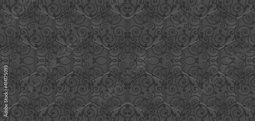 Grunge seamless black anthracite hexagonal hexagon masaic tile mirror texture background banner with damask leaves flower print pattern