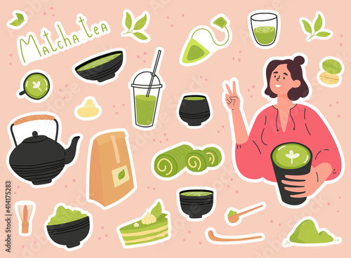 Green matcha tea serve and drink by a young woman. Set of Matcha healthy drink stickers. Various tea products made from matcha. Japanese tea culture. Hand drawn vector colored trendy illustration. 