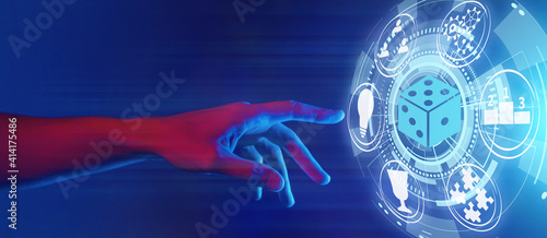 gamification and gaming technology illustration in neon style, hand touching dice icon, horizontal banner