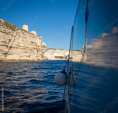 View from the water to the village of Bonifacio in Corse, France