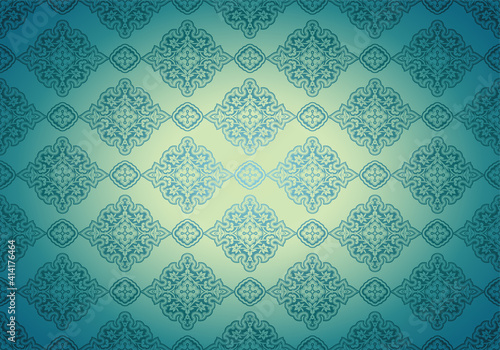 Oriental vintage background with Indo-Persian ornaments. Royal, luxurious, horizontal textured wallpaper in turquoise,aqua blue, with darkening at the edges, vignette. Vector illustration