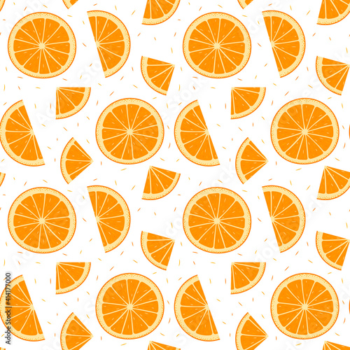 Sliced orange. Pieces of bright fruit. Seamless repeating pattern on a white.