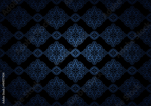 Oriental vintage background with Indo-Persian ornaments. Royal, luxurious, horizontal textured wallpaper in black and dark blue ultramarine with darkening at the edges, vignette. Vector illustration