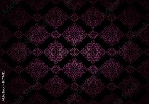 Oriental vintage background with Indo-Persian ornaments. Royal, luxurious, horizontal textured wallpaper in black and dark purple, Bordeaux, Burgundy with darkening at the edges, vignette. Vector