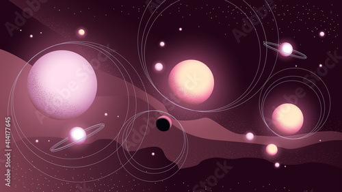 Abstract cosmic landscape with planets and sattelies in the sky. Vector illustration for posters, banners, social media advertising.