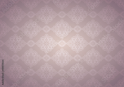 Oriental vintage background with Indo-Persian ornaments. Royal, luxurious, horizontal textured wallpaper in pink, powder color, dry rose, with darkening at the edges, vignette. Vector illustration