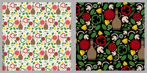 Motif pour papier peint, cadeau ou textile d’aliments utilisés pour la réalisation de la pizza - fond noir et blanc.