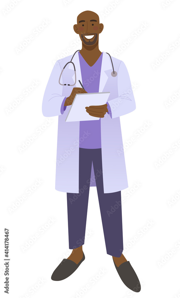 Friendly male doctor writes a prescription. Smiling medic man wearing a stethoscope. Isolated on white vector illustration. Friendly male doctor writes a prescription. Smiling medic man wearing a stethoscope. Isolated on white vector illustration.