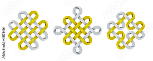 Set of celtic, chinese auspicious knots and quadruple solomon knot made of intertwined mobius stripes. Ancient traditional symbols. Vector illustration.