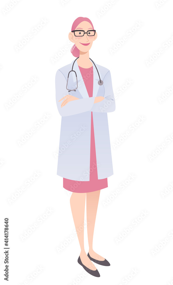 Friendly female physician standing with crossed hands. Doctor in a white coat wearing a stethoscope. Isolated on white vector illustration. Friendly female physician standing with crossed hands. Doctor in a white coat wearing a stethoscope. Isolated on white vector illustration.