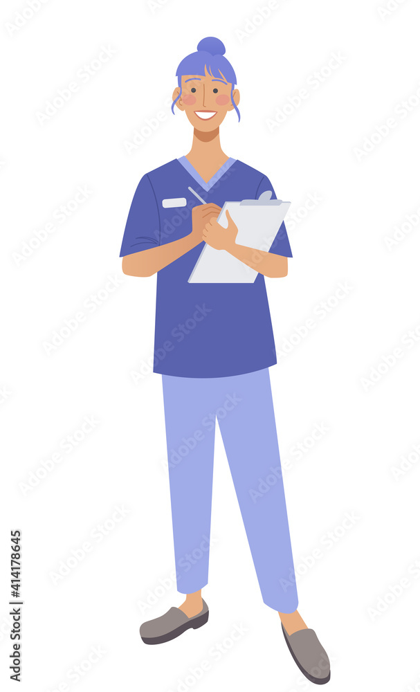 A positive young female nurse in medical uniform writing a prescription. Medical clinic staff. Isolated on white vector illustration. A positive young female nurse in medical uniform writing a prescription. Medical clinic staff. Isolated on white vector illustration.