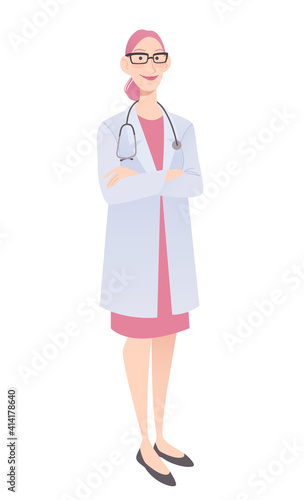 Friendly female physician standing with crossed hands. Doctor in a white coat wearing a stethoscope. Isolated on white vector illustration.