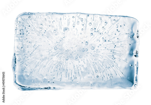 The rectangular block of pure transparent ice with air bubbles in cold blue tones on a white background.