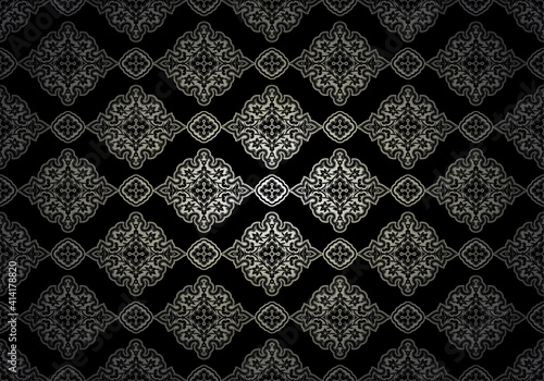 Oriental vintage background with Indo-Persian ornaments. Royal, luxurious, horizontal textured wallpaper in black and dark green with darkening at the edges, vignette. Vector illustration