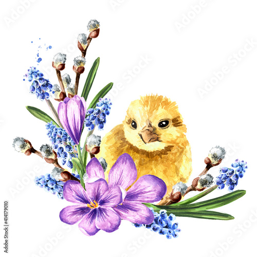 Wreath with spring flowers and little yellow chick, Hand drawn watercolor illustration, isolated on white background