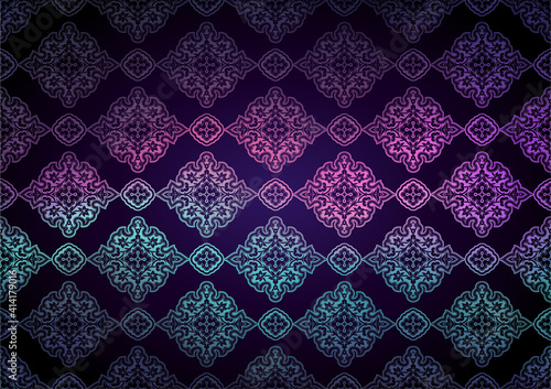 Oriental vintage background with Indo-Persian ornaments. Royal, luxurious, horizontal textured wallpaper in the color of the Northern Lights, with darkening at the edges, vignette. Vector illustration