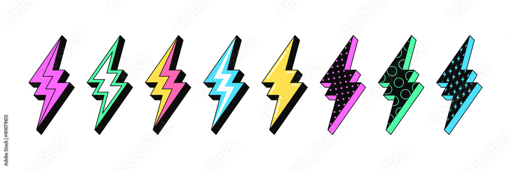 Isolated Lightning bolt signs. 5st set of flash thunderbolts with texture for zine retro culture