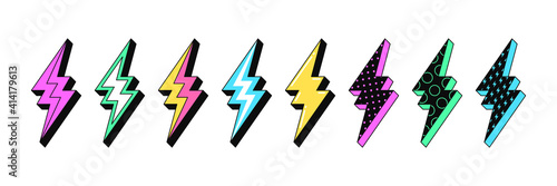 Isolated Lightning bolt signs. 5st set of flash thunderbolts with texture for zine retro culture photo