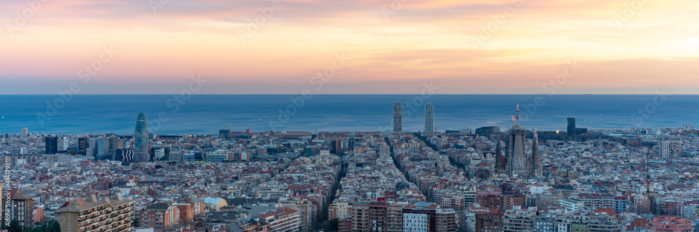 Barcelona skyline at sunset