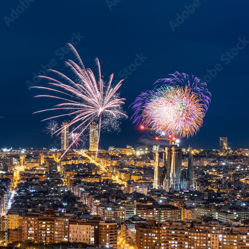 Photography Fireworks in the sky of barcelona over the streets of the Eixample and Sagrada F