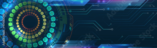 Digital internet communication on blue background. Hi-tech vector illustration with various technology elements. Wide Cyber security internet and networking concept. Abstract global sci fi concept.