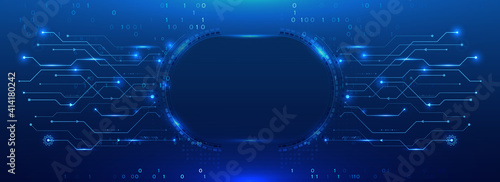 Hi-tech vector illustration with various technology elements. Wide Cyber security internet and networking concept. Abstract global sci fi concept. Digital internet communication on blue background