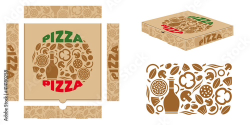 Boite fermée pour la livraison de pizza, vue de dessus et de profil, décorée d’une illustration composée de typographies et d’aliments utilisés pour la réalisation de la pizza.