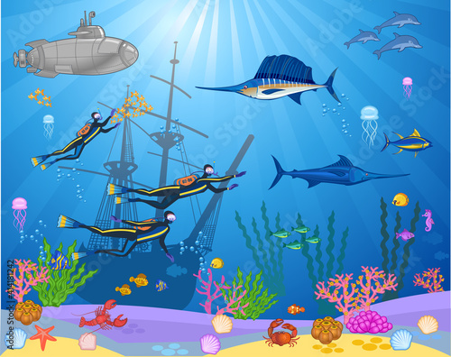Fish and Divers swimming under the sea