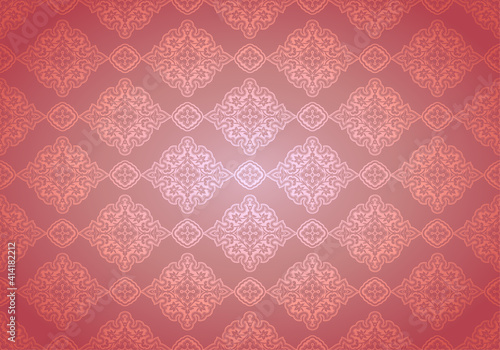 Oriental vintage background with Indo-Persian ornaments. Royal, luxurious, horizontal textured wallpaper in coral, pink, with darkening at the edges, vignette. Vector illustration