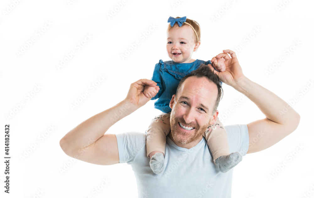 Portrait of father with his baby daughter on his shoulder Portrait of father with his baby daughter on his shoulder